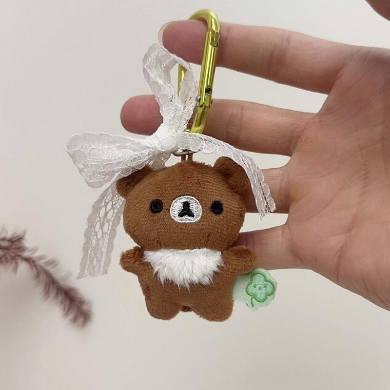 8CM Rilakkuma Bear Lace Bow Carabiner Plush Keychain Four-leaf Clover Series Chairoikoguma Bear Stuffed Doll Backpack Pendant