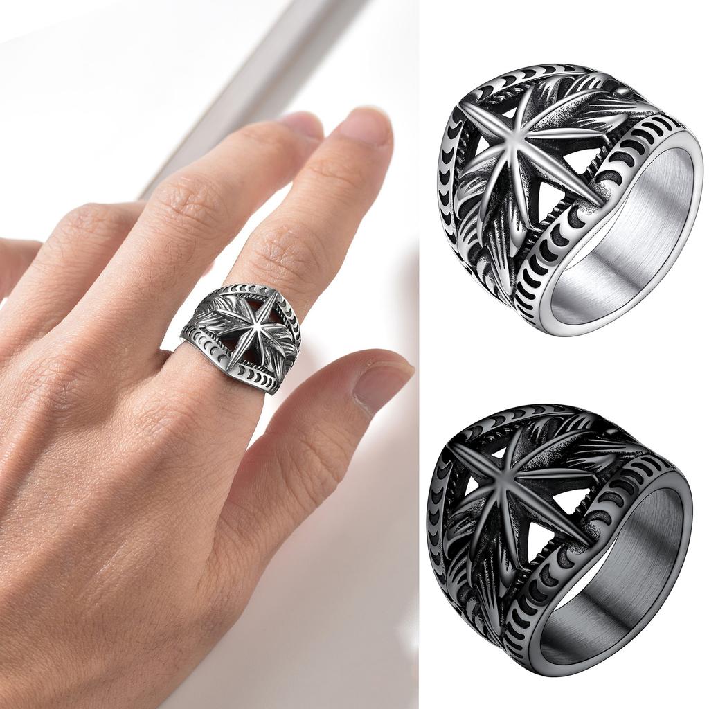 Stainless Steel Crescent Moons Star Rings for Man Woman The Rays of The Sun Ring Size 7-14 Retro Style Couple Jewelry Gift