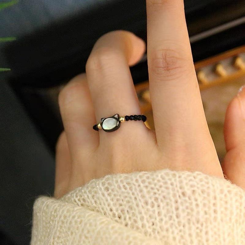 Natürliche Mondstein Obsidian Ringe Perlen Minimalistischer Ring Handgemacht Niedlicher Schwarz Weiß Katzenring Damen Party Zubehör Schmuck