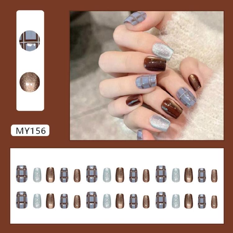 30Pcs Press on Nail Short Square Fake Nail with Plaids Cats Eye Designs Glues on Nail Glossy False Nail Artificial Nail
