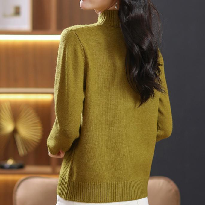 Sweater Women's Solid Color Semi High Neck Knitted Sweater Spring and Autumn Long Sleeved Casual Pullover