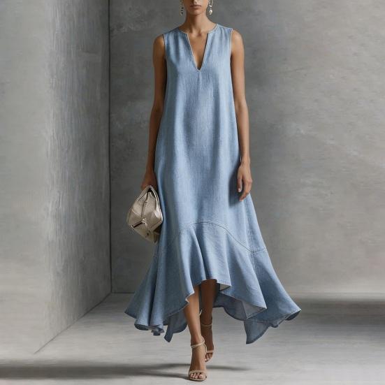 Women's Long Denim Dress Casual Loose Sleeveless V Neck Maxi Dress