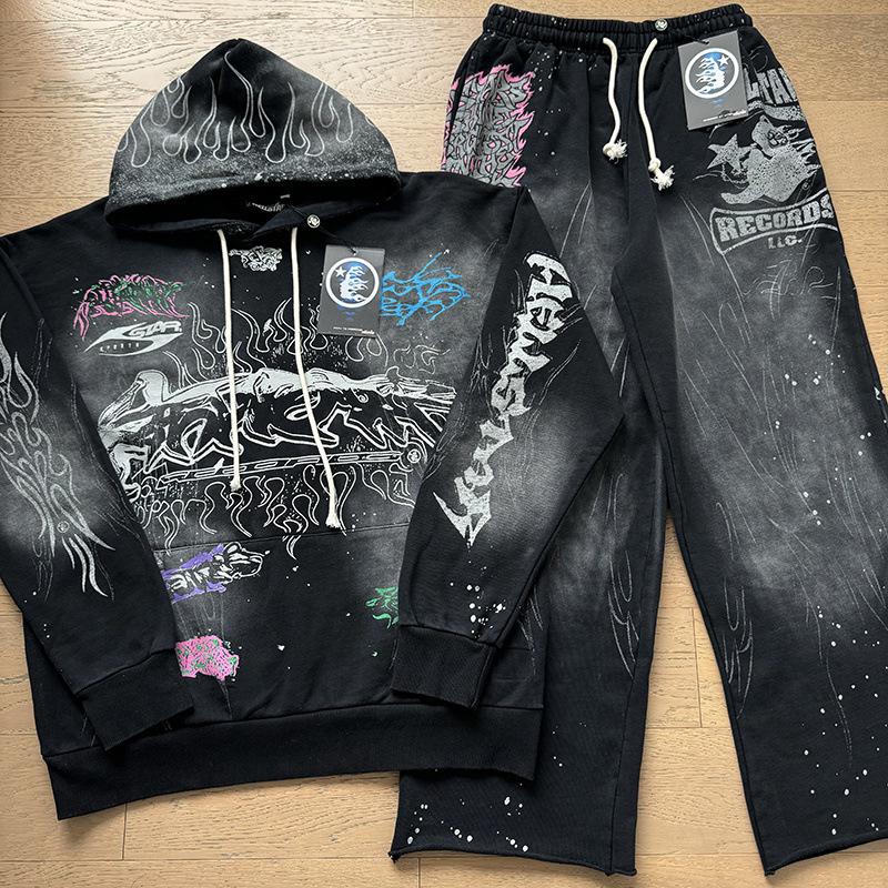 Zestaw dla mężczyzn: Bluza z kapturem i długie spodnie Hell Star, prane, postarzane, luźne