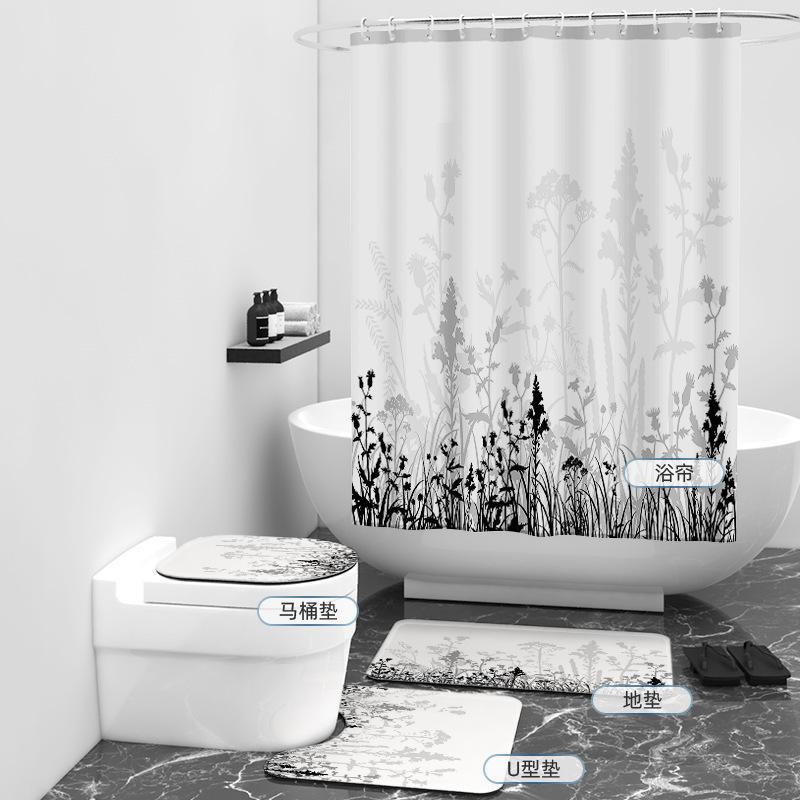 Fresh Twig Digital Printing Shower Curtain Shower Curtain Three-Piece Set Bathroom Curtain