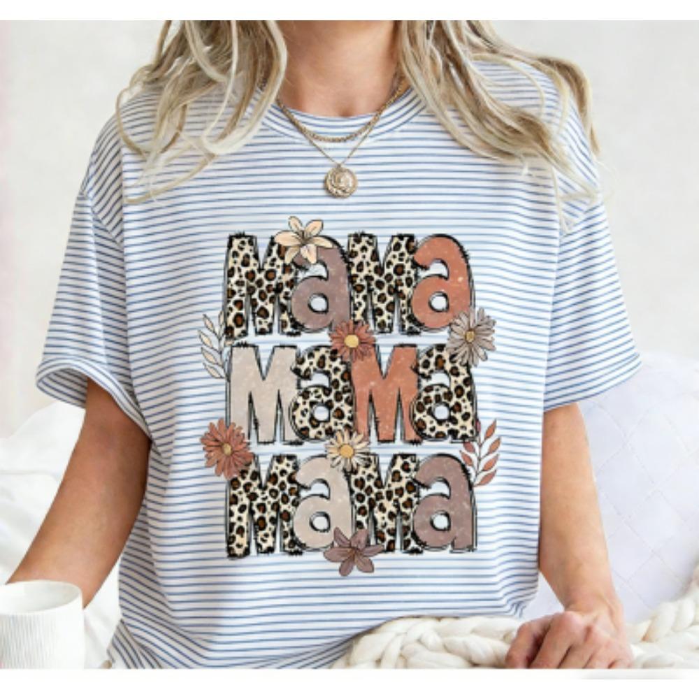Funny Stripe Leopard Mama Print Women's Short Sleeves T-Shirt Loose Casual Summer Outdoor Street Women's Tees Tops