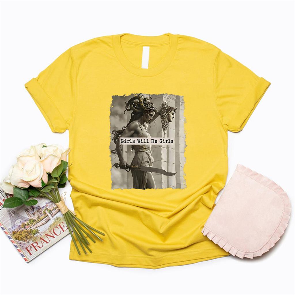 Girls Will Be Girls T-Shirt Feminist Shirt Women's Empowerment Tee Vintage Short Sleeve Halloween T-shirt Casual Graphic Tees