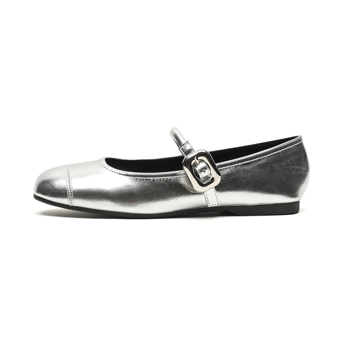 

[Shei Su Yinyin] Silver round head~ super soft French square buckle flat ballet shoes women s Mary Jane single shoes 35 серебряный