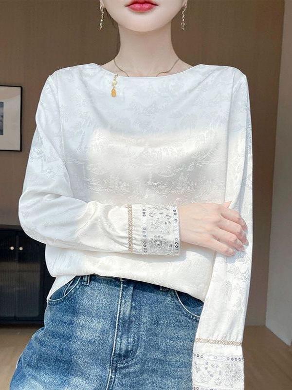 Spring New Heavy Embroidery Jacquard Long Sleeve Retro Chinese Style Round Neck Plus Size Women's Top