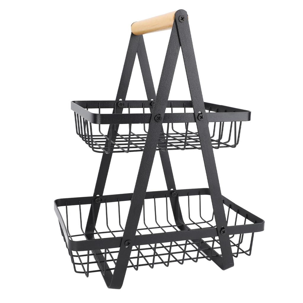 Fruit Basket Holder Black Hollow Design Multifunctional Iron 2 Tier Fruit Storage Shelf for Living Room Kitchen Dining
