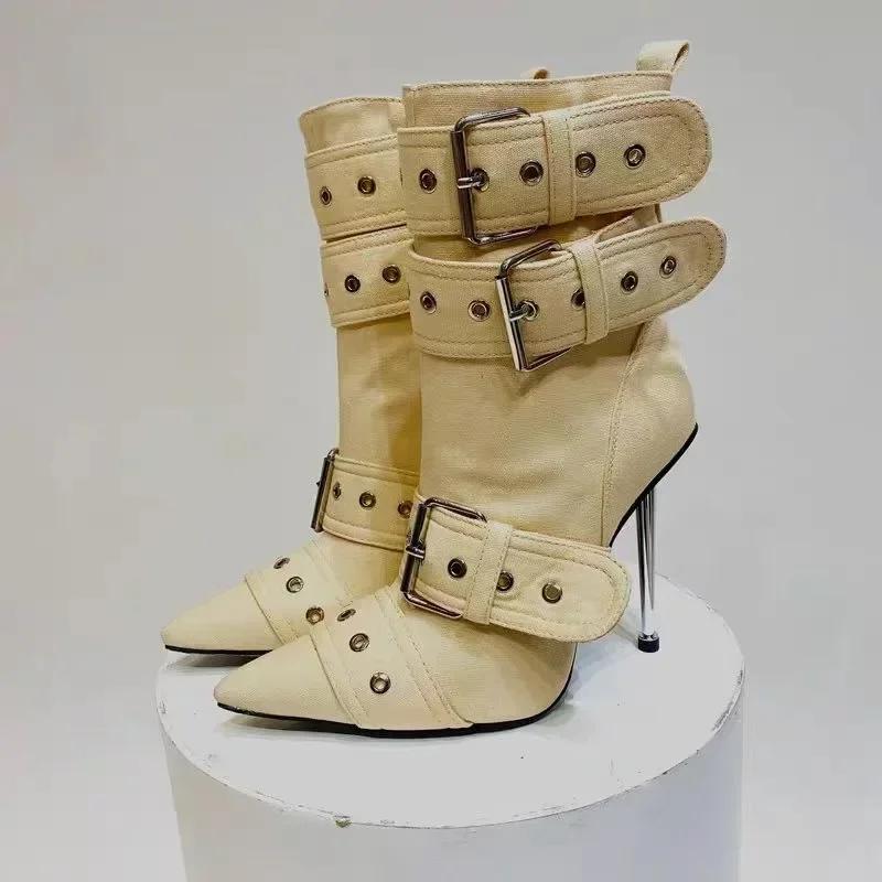 Mode Denim Metallnieten Gürtelschnalle Silber Schwarz Kurze Stiefel Damen Sexy Punk Stil Spitz 12cm Hochhackige Halbwadenstiefel Größe 34-43