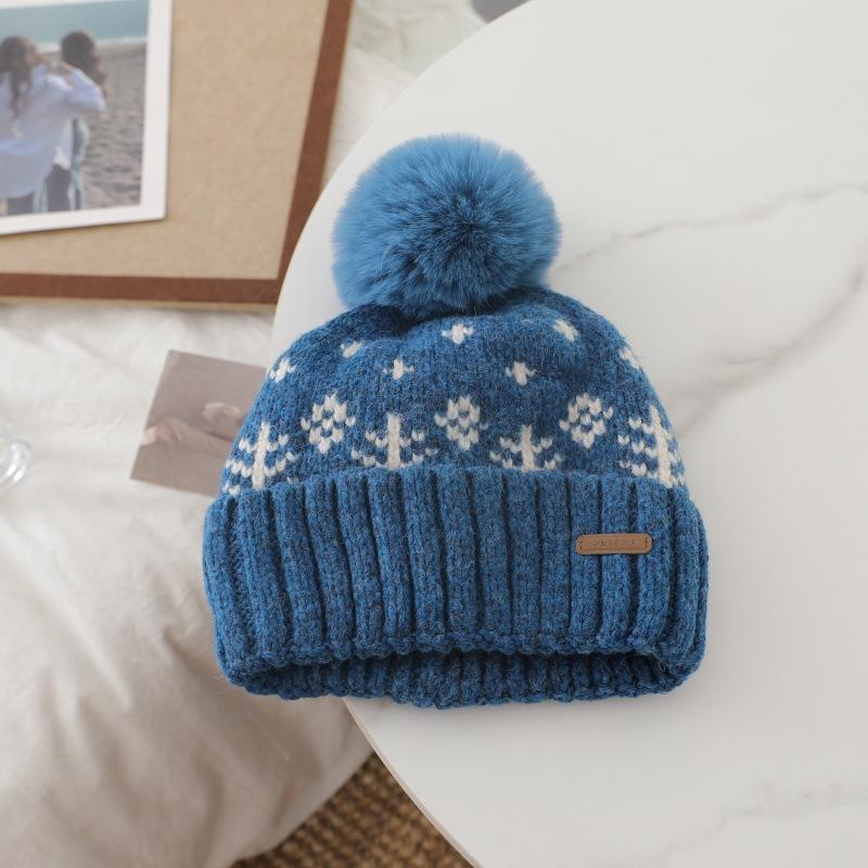 Japanese Style Retro Rabbit Fur Ball Pullover Hat  Women's Large Head Girdle  Warm Woolen Knitted Hat  Ear Protecting Cold Hat