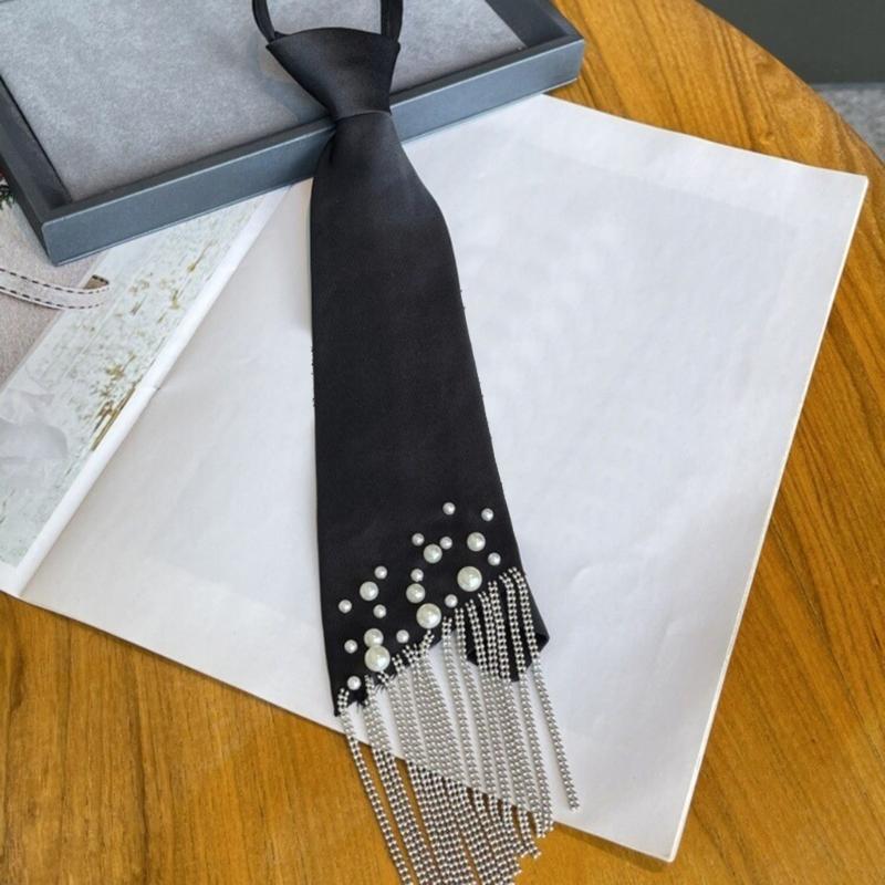 Imitation Pearls Accent Necktie Adjsutable Strap Closure Swing Tassels Decoration Business Casual Fashion Accessories