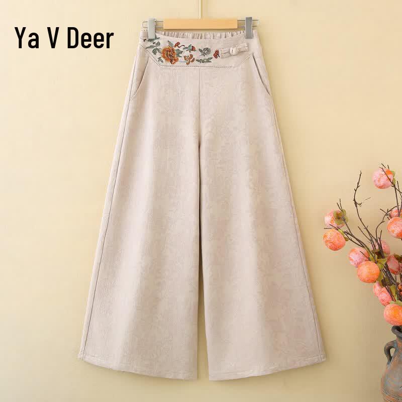Yalu Women s Retro Chinese Style Embroidered Wide-Leg Pants XL