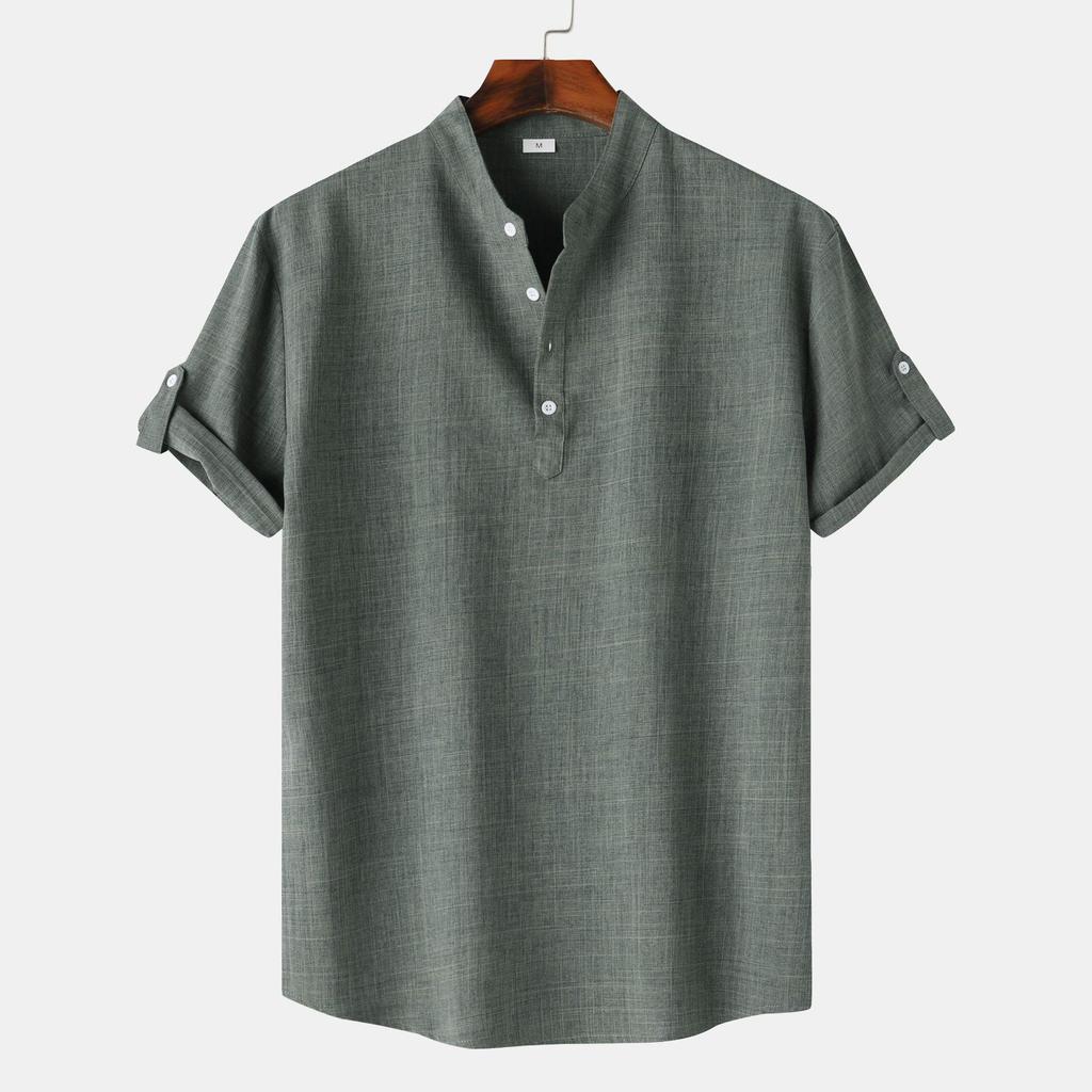 Men's Slim-Fit Stand-Up Collar Solid Color Short-Sleeve Shirt, 2024 Spring/Autumn Collection