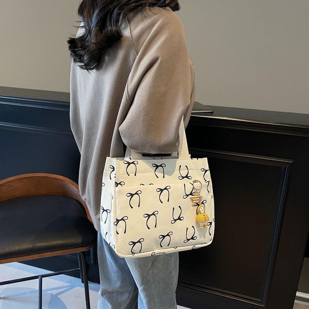 Canvas Lunch Bag with Handle Bow Print Tote Bag Lightweight Hobo Bag for Women Girls School Office Meal Prep Bag Cute Lunch Bag
