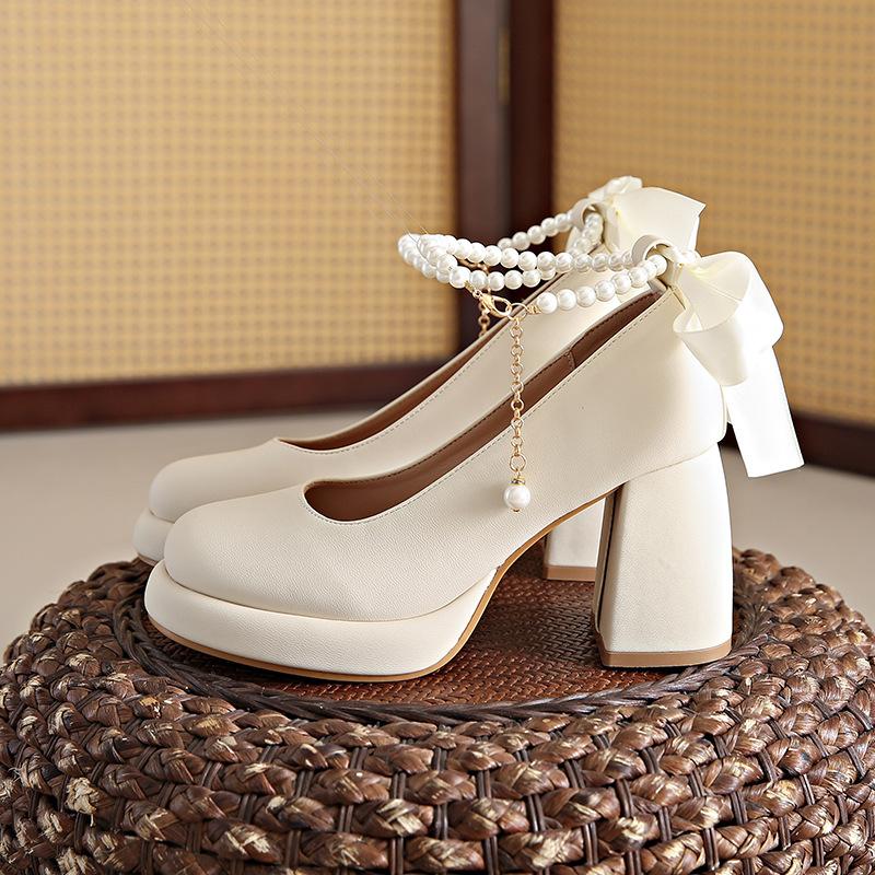 

Mary Jane shoes women s spring new bow pearl one-word strap high heels thick heel single shoes 34 бежевый
