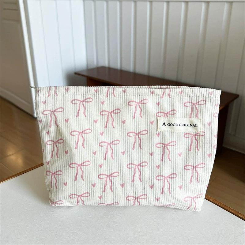 Corduroy Travel Makeup Bag with Bow Pattern, Cosmetic Bag for Purse Organizer, Toiletry Bag with Zipper for Travel Essentials
