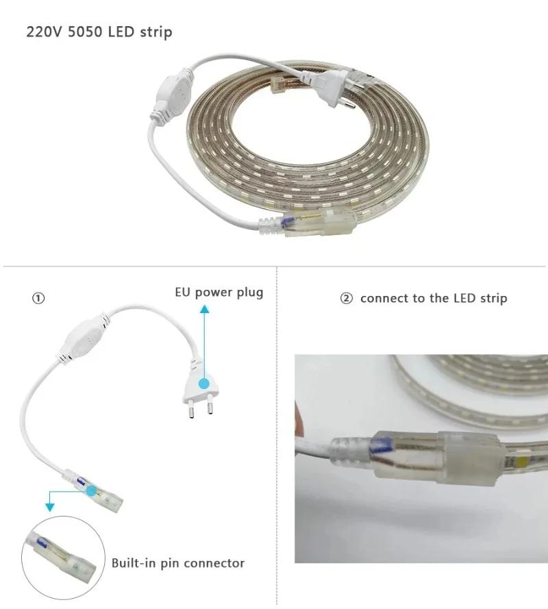 220V Led Strip 60Leds With Eu Plug Flexible Led Light Smd 5050 Waterproof Outdoor Lamp Led Tape Bright Kitchen Backlight Decor