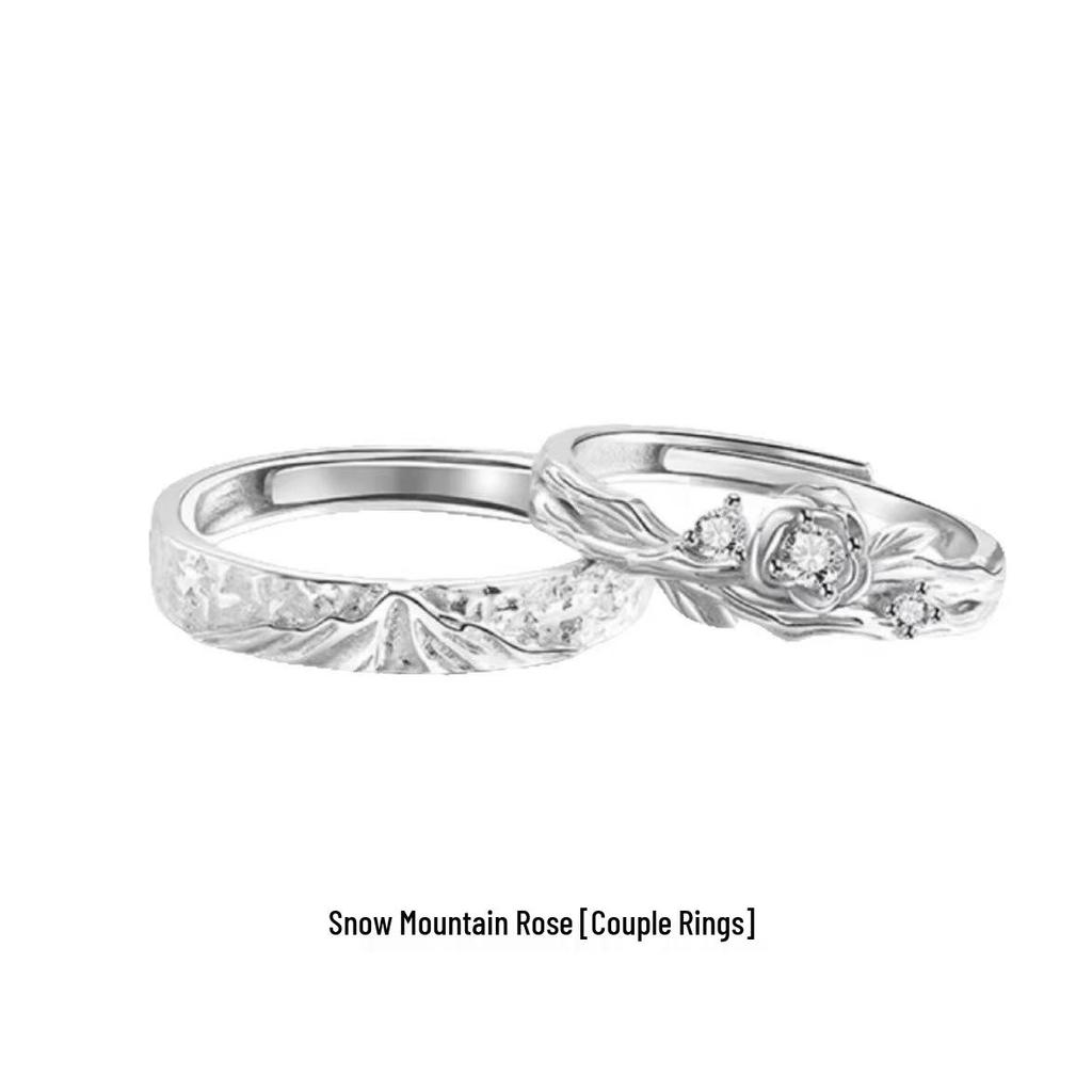 White Copper Snow Mountain Rose Couple Rings: Elegant Wedding Bands for Men and Women - Perfect for Valentine's Day or Birthday Gifts.