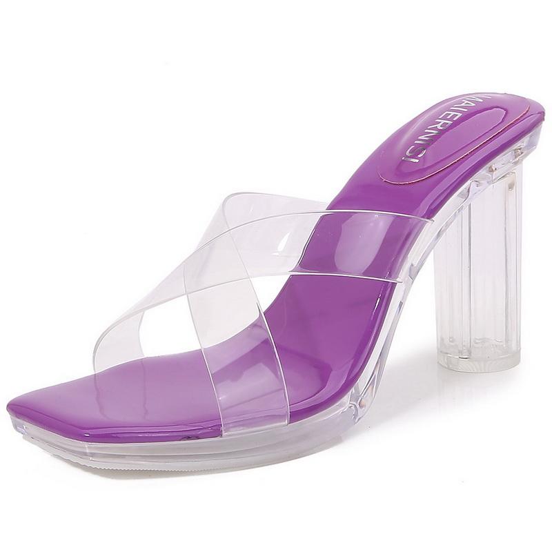 

Lady Transparent High Thick Heel Sandals Outdoor Office Nightclub Party Wedding Banquet Pub Catwalk Crystal Heel Slide Sandals 35 фиолетовый