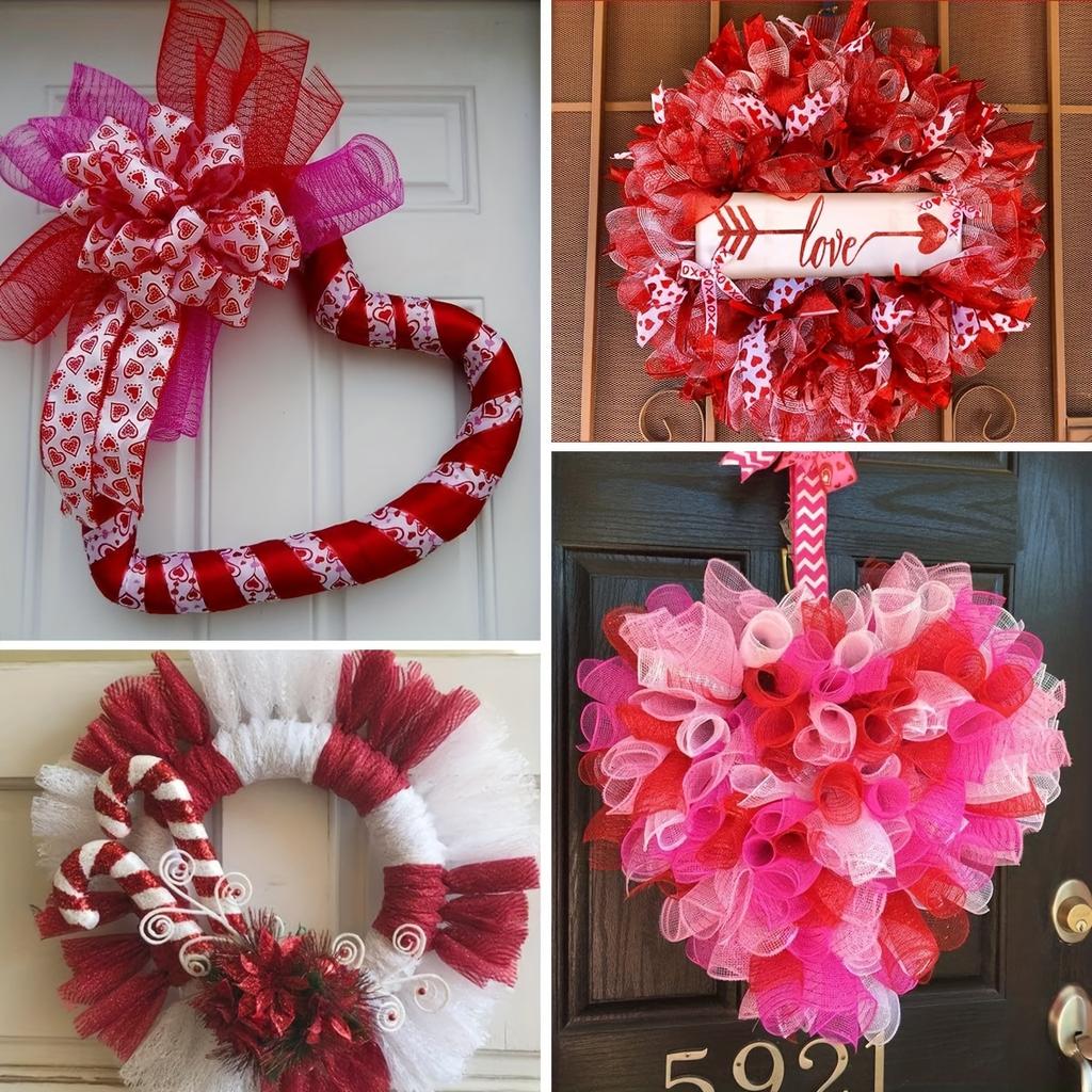 4 Rolls 10 Inch Red/Pink/White Decorative Mesh Ribbon, for Wreath Supplies Front Door Wreath Crafts Tree Decor Christmas NewYears Valentine'S Day