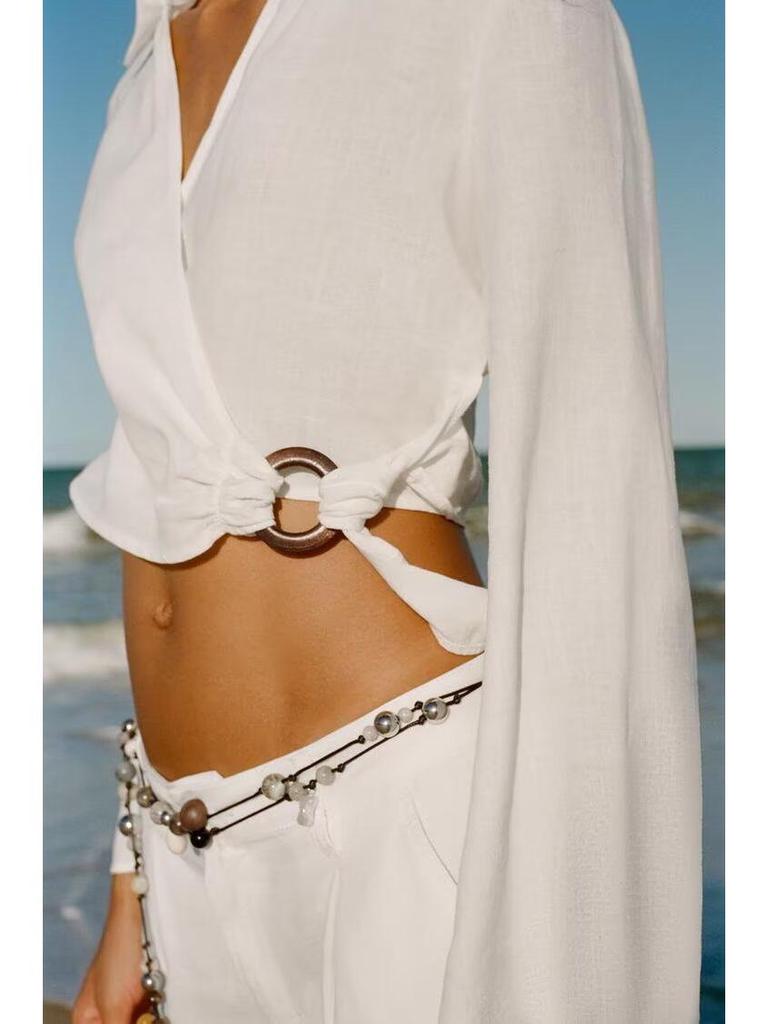 Spring 2025 Buckle Accent Ramie Top and Pleated Pants Set