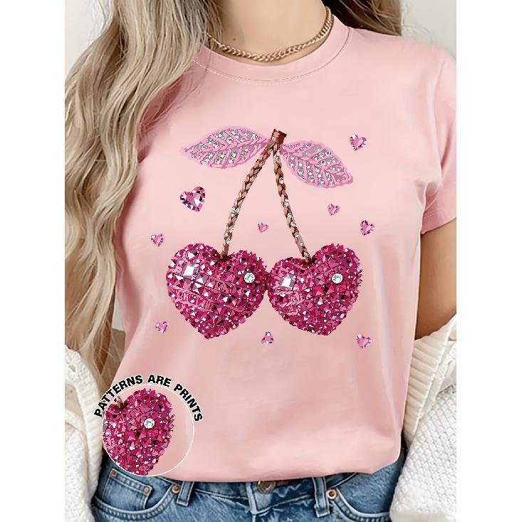 Sweet and Cool Pink Heart and Cherry Print Women s Short Sleeve Shirt T Shirt Women s Soft Stretch Casual Top Comfortable and S розовый