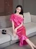 Elegant Chinese Satin Sleeveless Summer Dress with Waist-Cinching Slim Fit and Versatile Slit Skirt