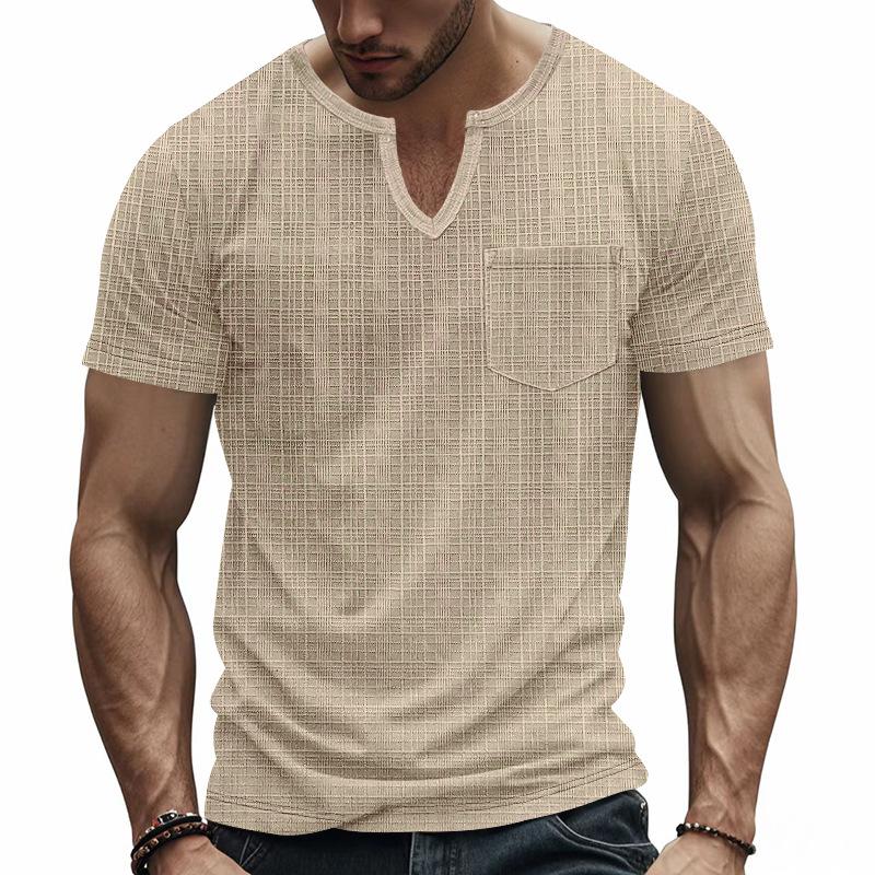 Mens Casual Textured V Neck Henley T Shirt Short Sleeve Pocket Tee