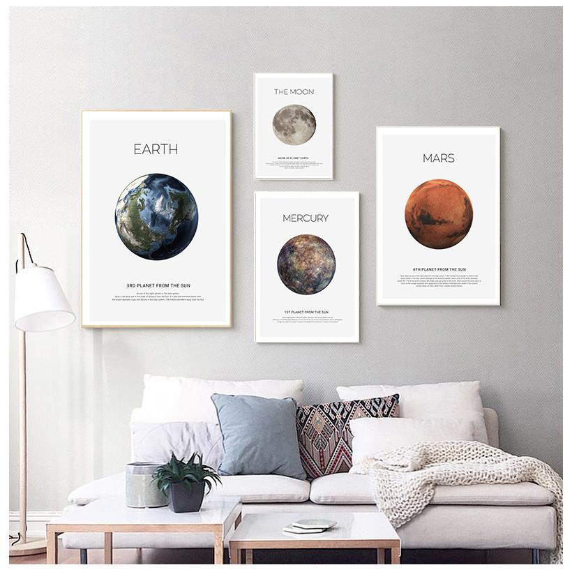 Solar System Picture Planet Earth Moon Mars Poster Astronomy Space Wall Art Canvas Print Painting Nordic Kids Room Decoration