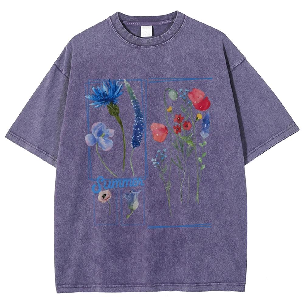 Y2K Graphic Tops Flower Print Unisex Fit Washed T-Shirt Oversized Round Neck Short Sleeves Vintage Streetwear For  Men S