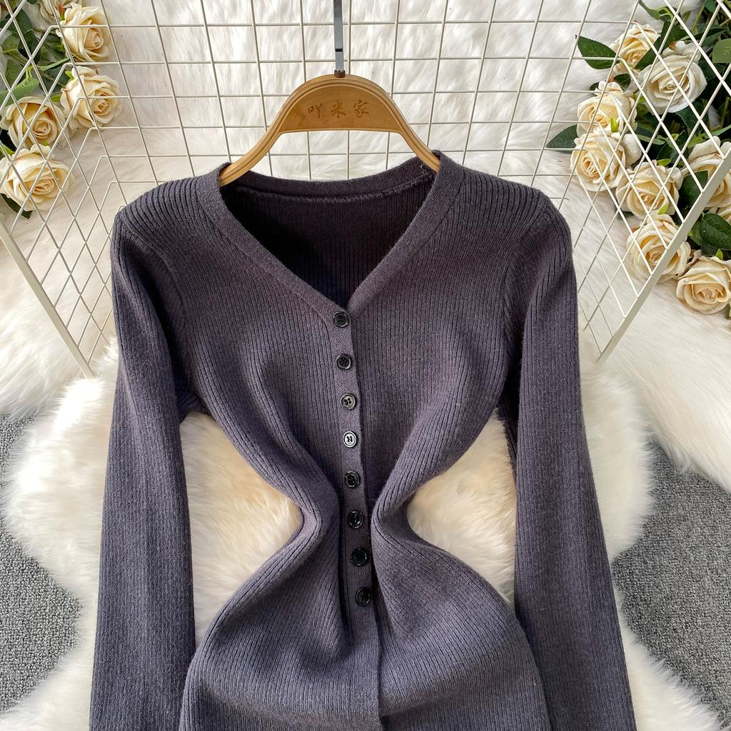 Jesień Wiosna Kobiety Elegancki Sweter Dzianinowy z Dekoltem w Serek Jednorzędowy Długie Sukienki Midi z Rozcięciem