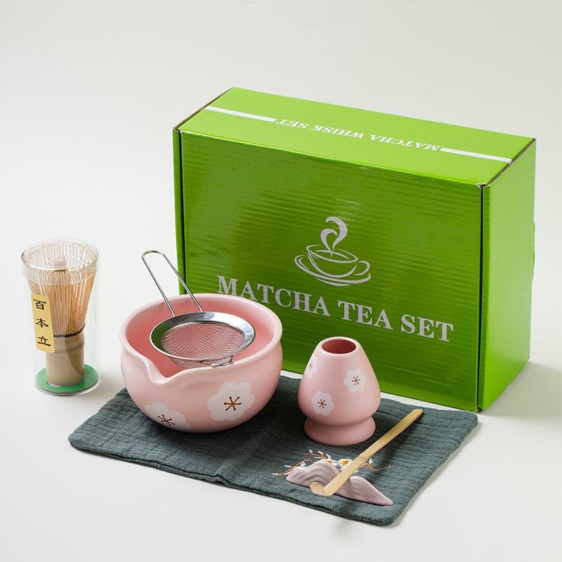 4-7pcs Set Ceramic Matcha Bowl Large Capacity Smooth Matcha Whisk Stand High Temperature Resistant Tea Salad Soup Bowl