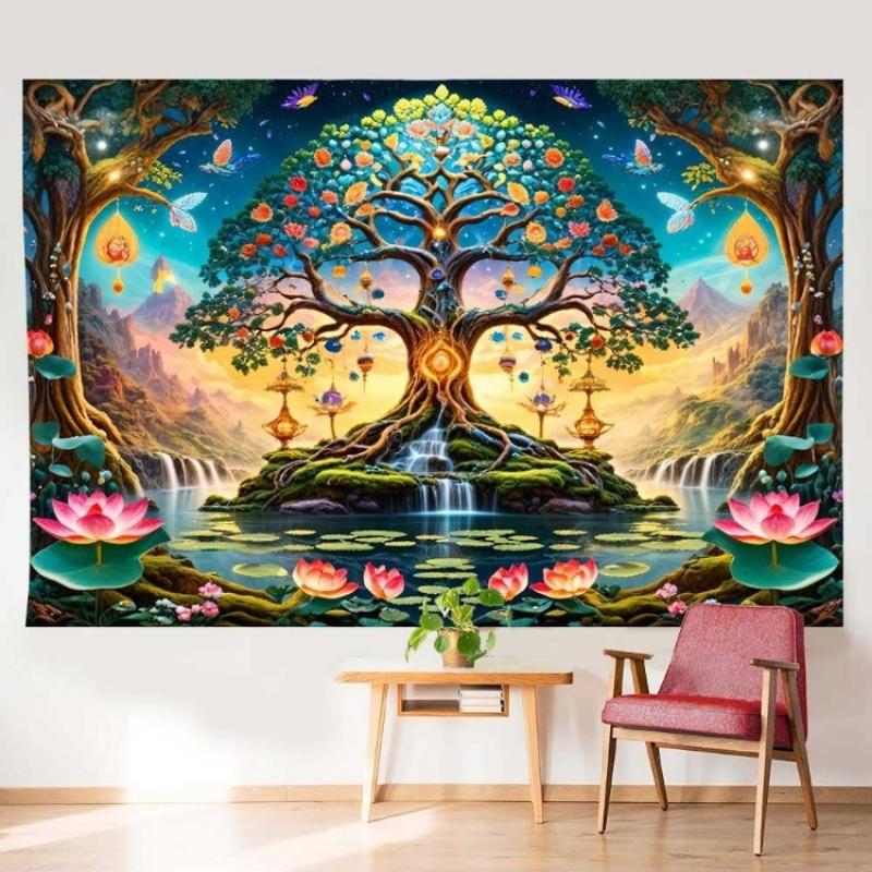 Fantasy Forest Tree Tapestry Green Nature Tree Of Life Tapestry For Bedroom Aesthetic Waterfall Lotus Flower Natural Landscape 70x100CM