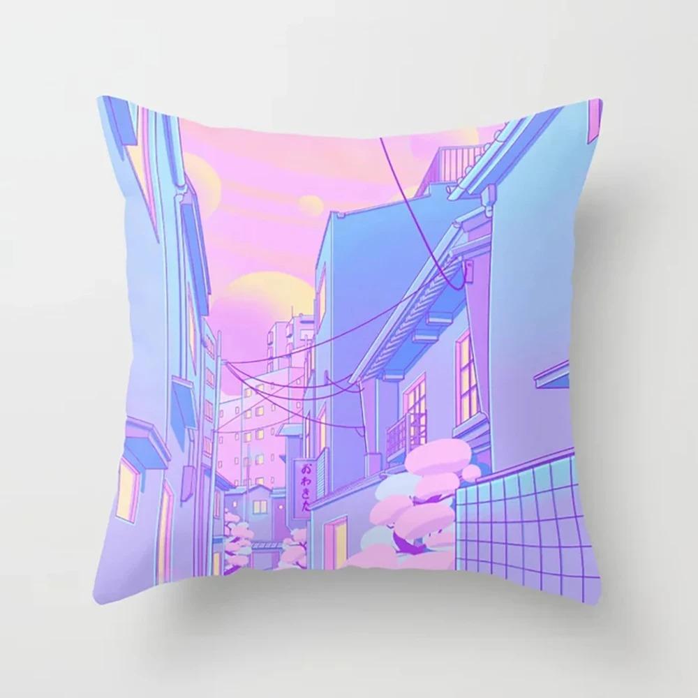 Pink Cartoon City Print Pillowcase Car Ornaments Office Living Room Home Pillowcase