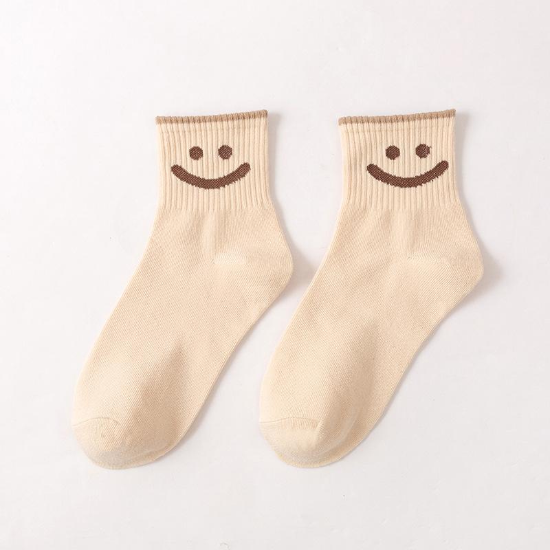 10 Paar Damen Maillard Kaffeefarbene Smiley-Gesicht Mittelrohrsocken Niedliches Smiley-Gesicht Cartoon Muster Vier Jahreszeiten Baumwolle Damen Socken