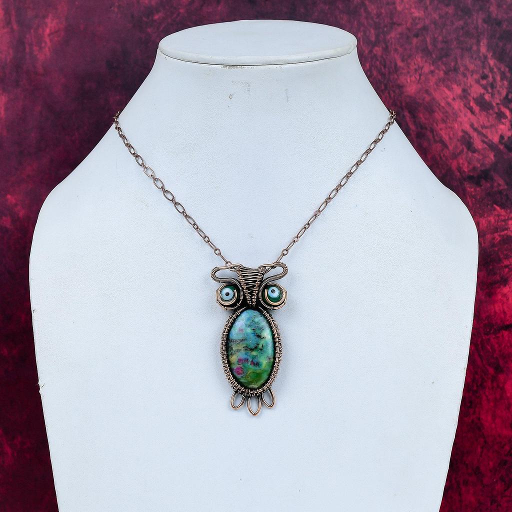 Ruby Fuchsite Gemstone Pendant Handmade Green Evil Eye Pendant Copper Wire Wrapped Owl Jewelry