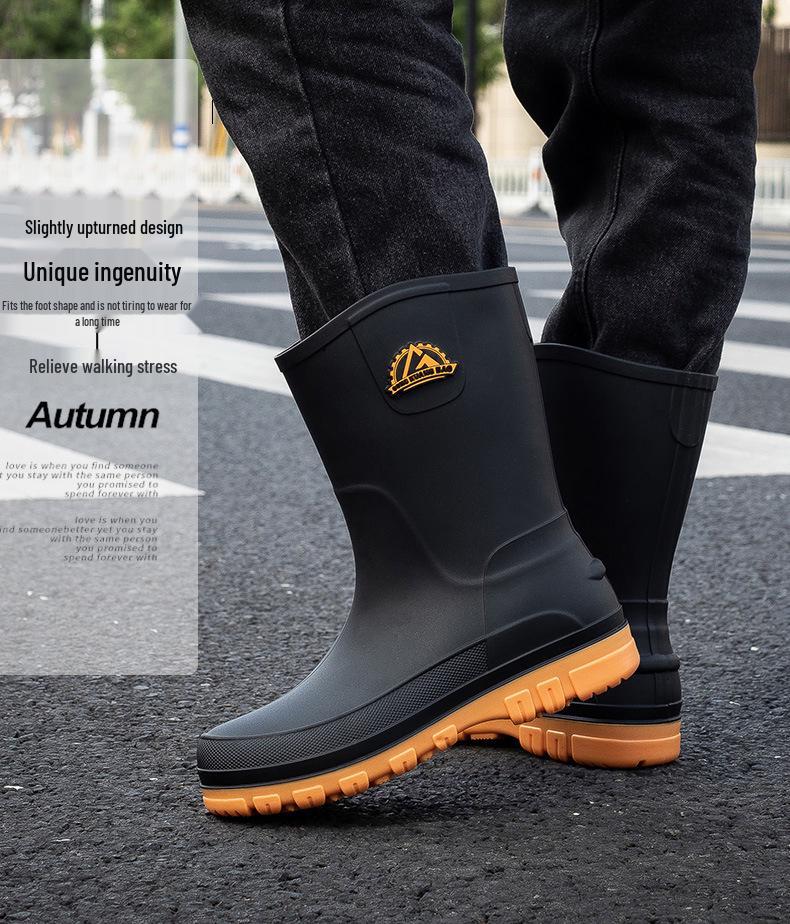 Men's Korean Style Waterproof Mid-Calf Rubber Rain Boots - Non-Slip, Slip-On Casual Fashion Shoes
