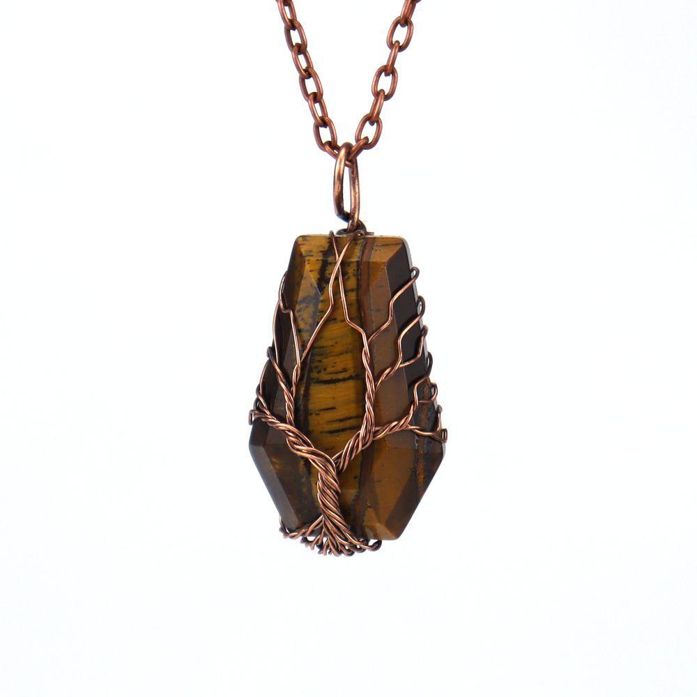 Handmade Ancient Red Copper Wound Tree Of Life Natural Crystal Stone Octahedron Necklace Fortune Tree Necklace N539