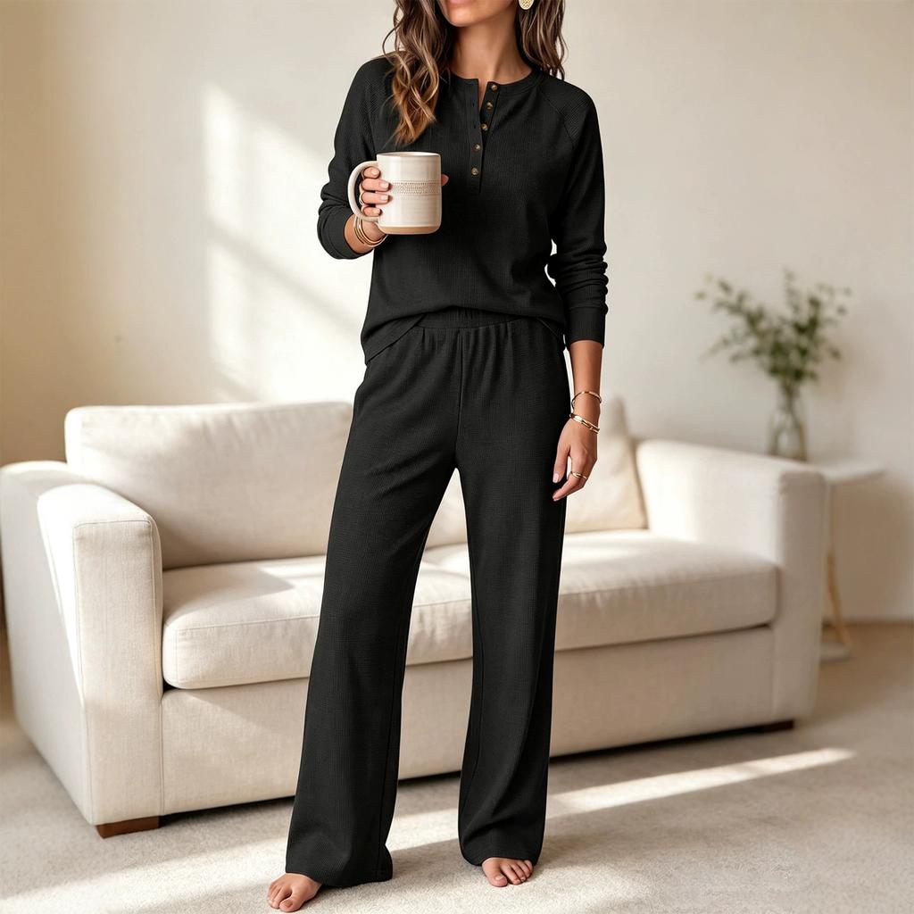 Women's 2 Piece Athleisure Set Long Sleeve Top Wide Leg Pants Loose Fit Casual Outfit