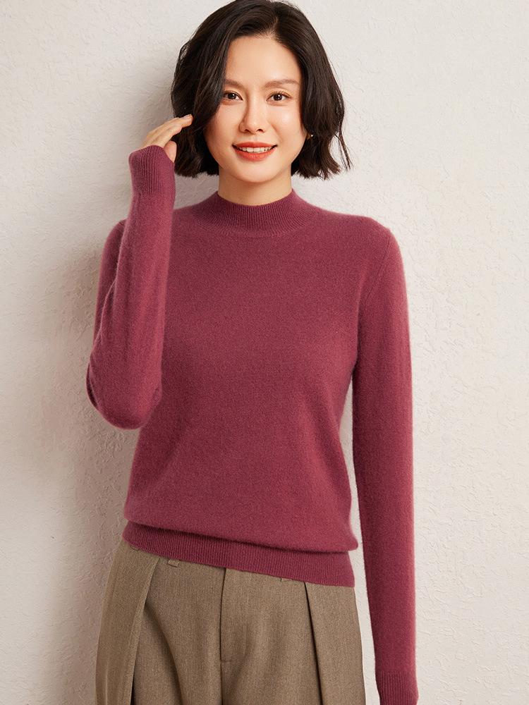 Women's Fashionable Cashmere Half-High Collar Knit Top - Versatile Long Sleeve Warm Base Layer for Autumn/Winter