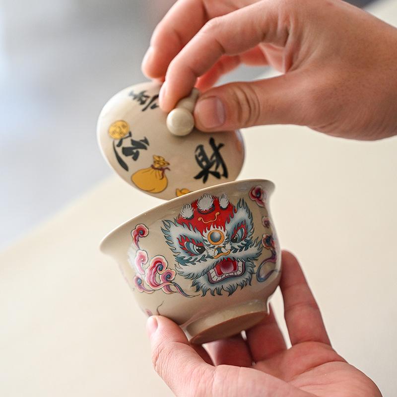 Lion Awakening Ercai Gaiwan Hovering Ceramic Teacup Retro High-End Single Tea Brewer Anti-Scalding Tea Bowl Kung Fu Tea Set