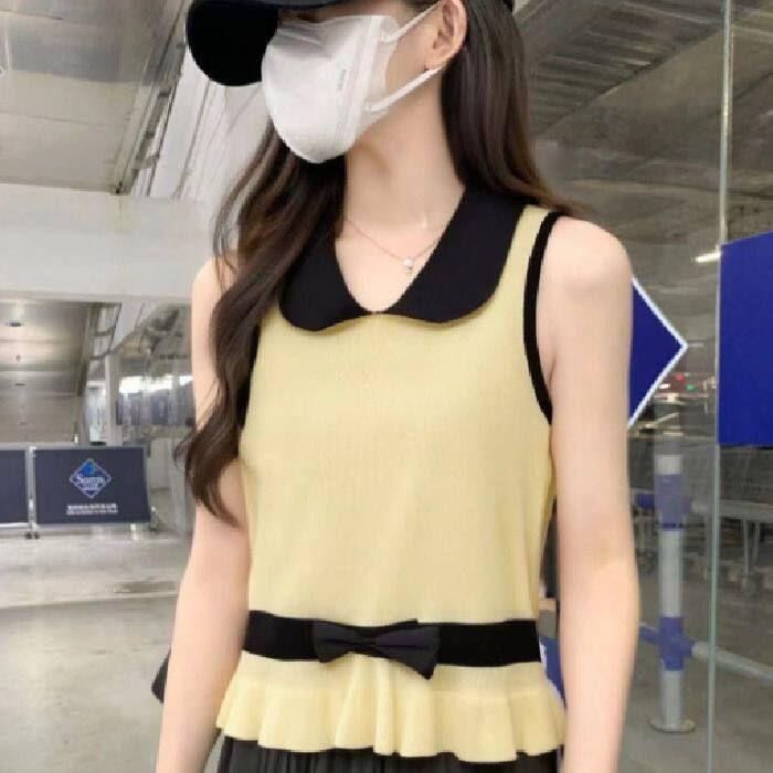 Korean Doll Collar Bow Knit Vest - Women s Slimming Color Block Sleeveless Top One Size