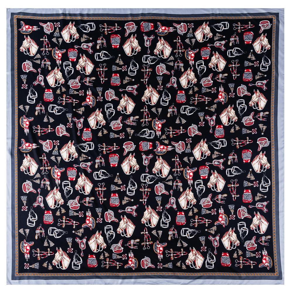 POBING Silk Scarf Women Large Shawls Horse Print Stoles Square Bandana Luxury Kerchief Big Hijab Scarf Female Foulards 130CM