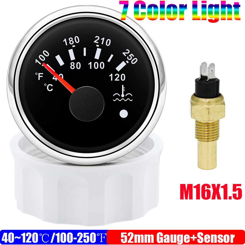 40~120℃,100~250℉ 52mm Water Temp Gauge+Sensor 1/8NPT 7 Color LED Water Temperature Meter Alarm Auto Car Marine Boat Motor 12V24V