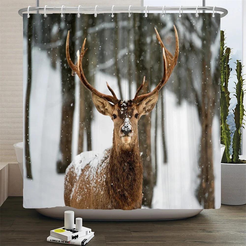 Deer Bathroom Shower Curtain Elk Highland Cow Peacock Forest Mountain Animal Polyester Hanging Curtains Home Bathroom Decor Set