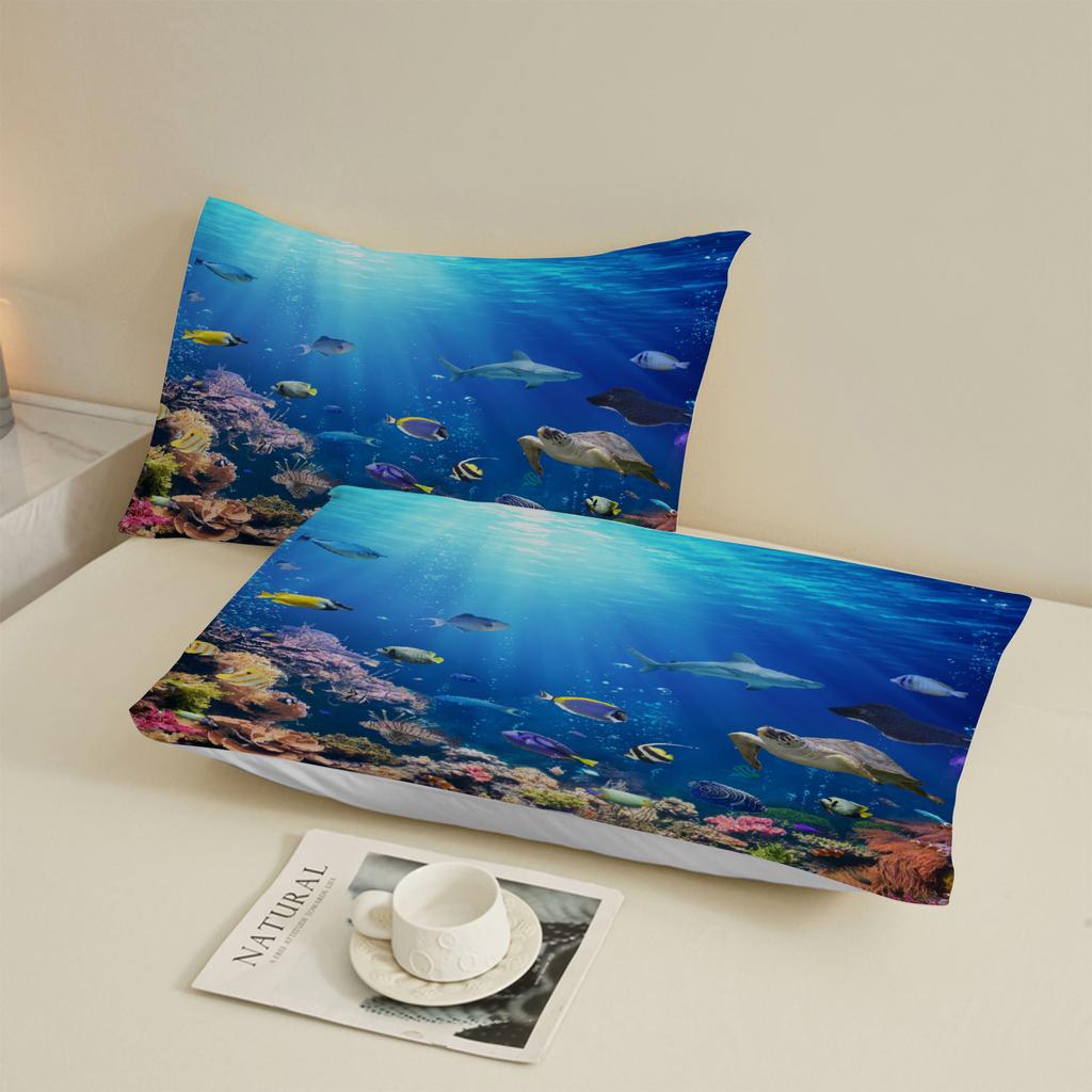 Ocean View Fitted Sheet Set Blue Underwater Sea Life Coral Reef Fish And Turtle Print Bedding With Pillowcases For Bedroom