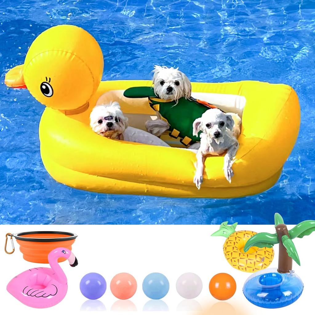 Dog Pool Floats Set, Dog Float Raft with Collapsible Dog Bowl, Non-Toxic Floating Dog Water Toys for Small Dog, Puppy and Doggies, Coconut Tree