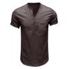 Men's Cross-Border Henley Shirt: European & American Style Cotton Linen Short-Sleeved Solid Color Pocket Shirt