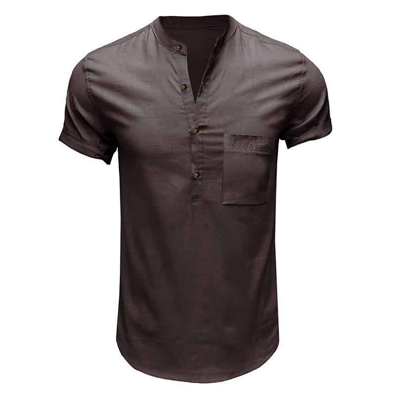 Men's Cross-Border Henley Shirt: European & American Style Cotton Linen Short-Sleeved Solid Color Pocket Shirt